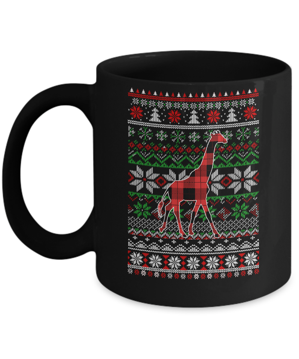 Giraffe Red Plaid Ugly Christmas Sweater Funny Gifts Mug-Coffee Mug-11oz Mug-Black