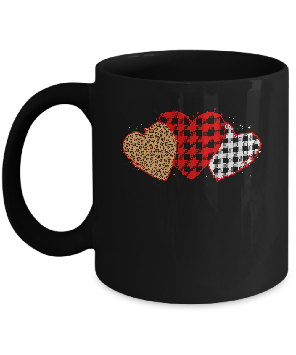 Three Hearts Leopard Buffalo Plaid Valentine's Day Mug