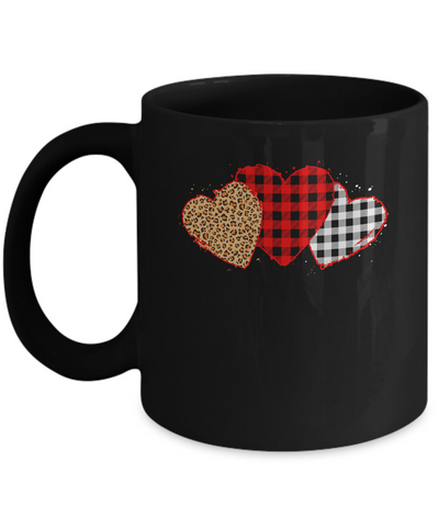 Three Hearts Leopard Buffalo Plaid Valentine's Day Mug-Coffee Mug-11oz Mug-Black