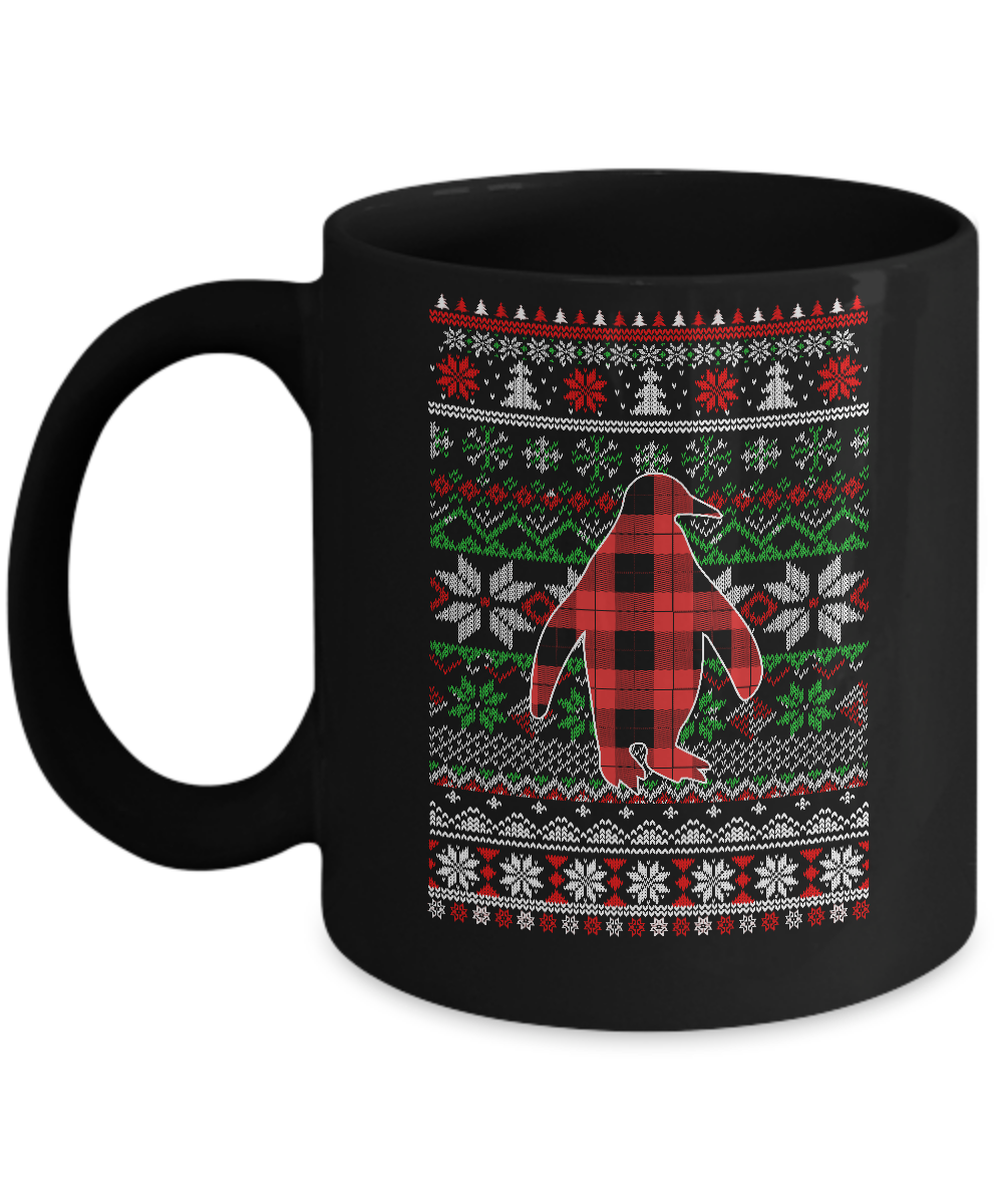 Penguin Red Plaid Ugly Christmas Sweater Funny Gifts Mug-Coffee Mug-11oz Mug-Black