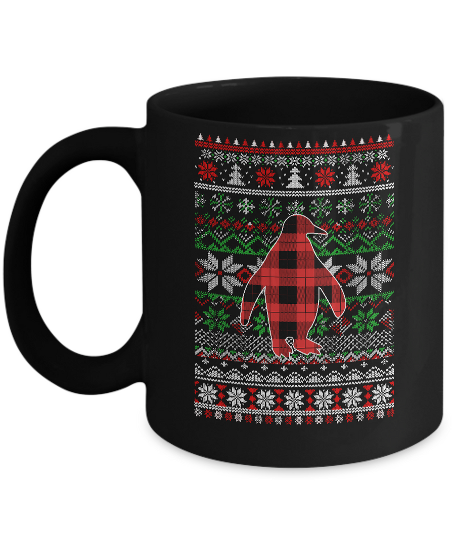 Penguin Red Plaid Ugly Christmas Sweater Funny Gifts Mug-Coffee Mug-11oz Mug-Black