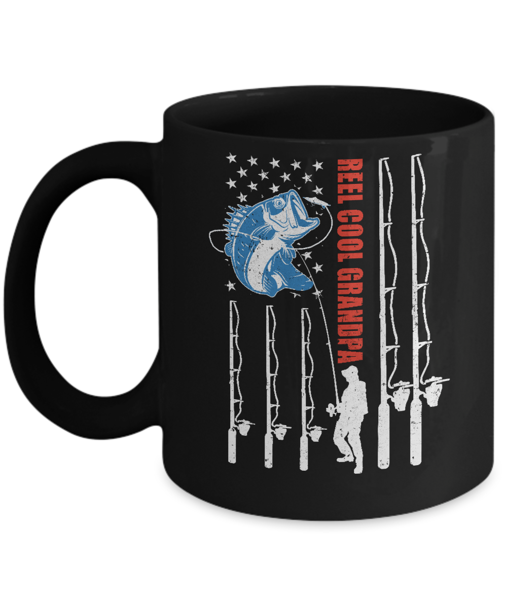 Reel Cool Grandpa American Flag Fish Fishing Fathers Day Mug-Coffee Mug-11oz Mug-Black