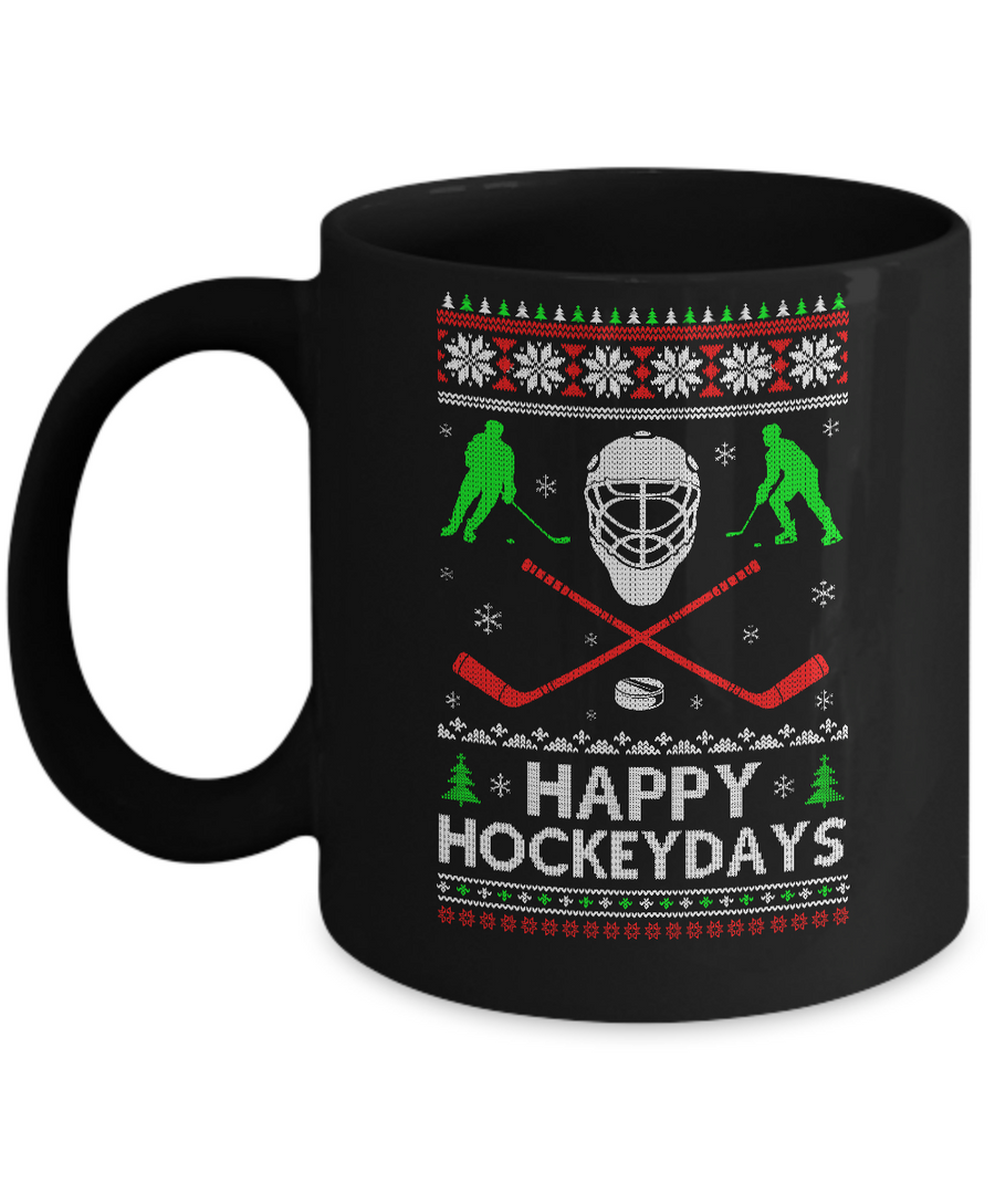 Happy Hockeydays Hockey Ugly Christmas Sweater Xmas Gift Mug-Coffee Mug-11oz Mug-Black