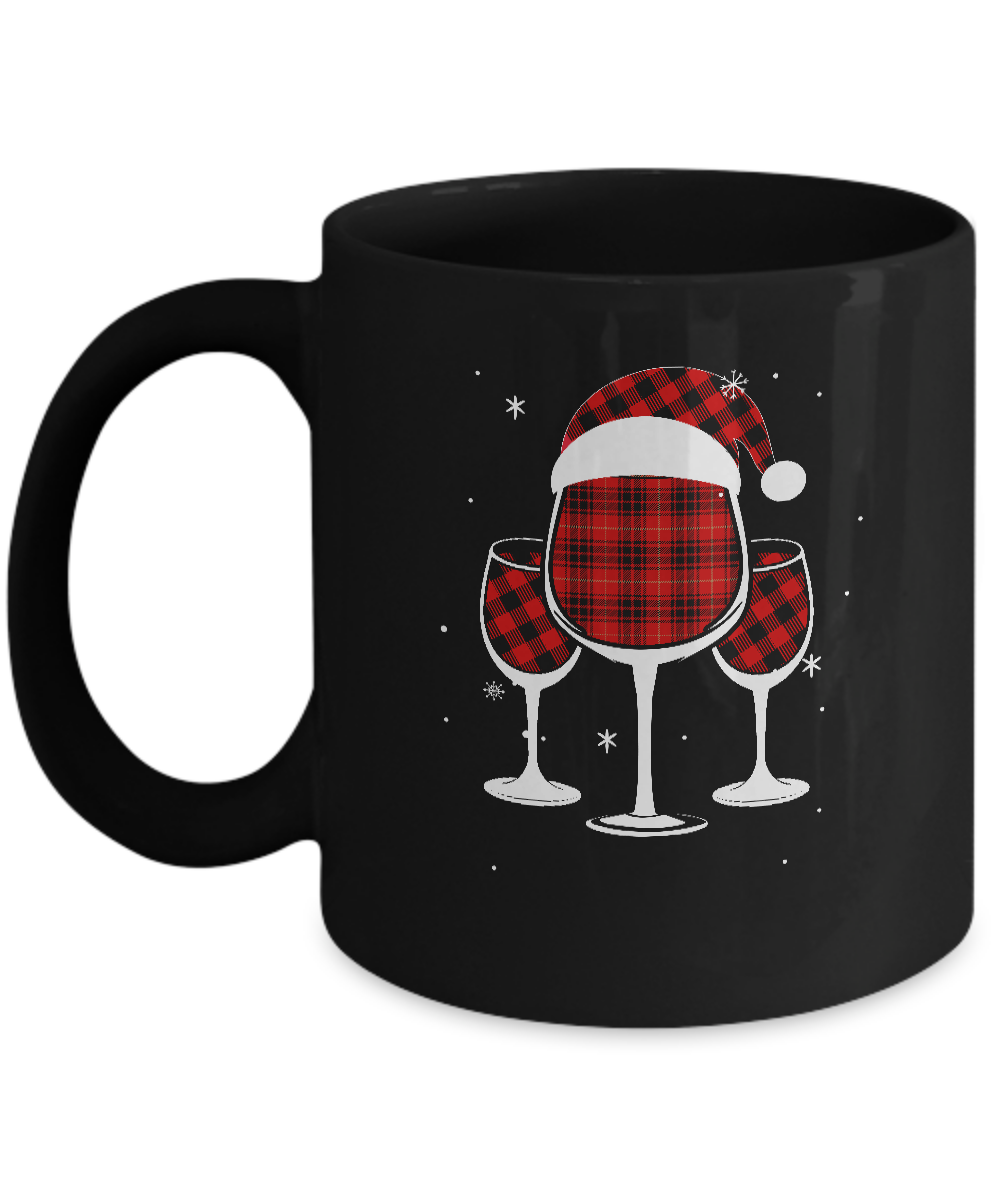 Red Plaid Buffalo Wine Santa Hat Christmas Mug