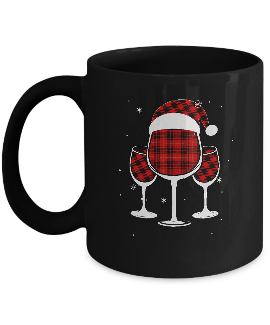 Red Plaid Buffalo Wine Santa Hat Christmas Mug-Coffee Mug-11oz Mug-Black