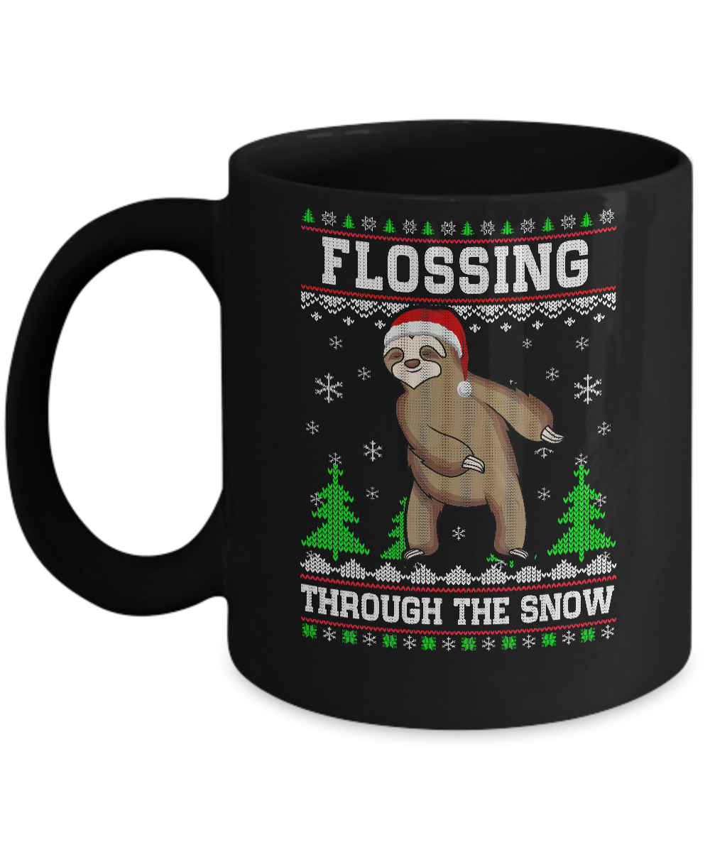 Funny Flossing Sloth Ugly Christmas Sweater Flossin' Mug-Coffee Mug-11oz Mug-Black