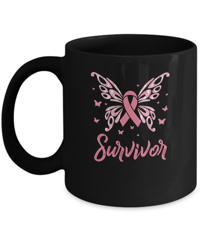 Pink Ribbon Butterfly Breast Cancer Survivor Mug-Coffee Mug-11oz Mug-Black