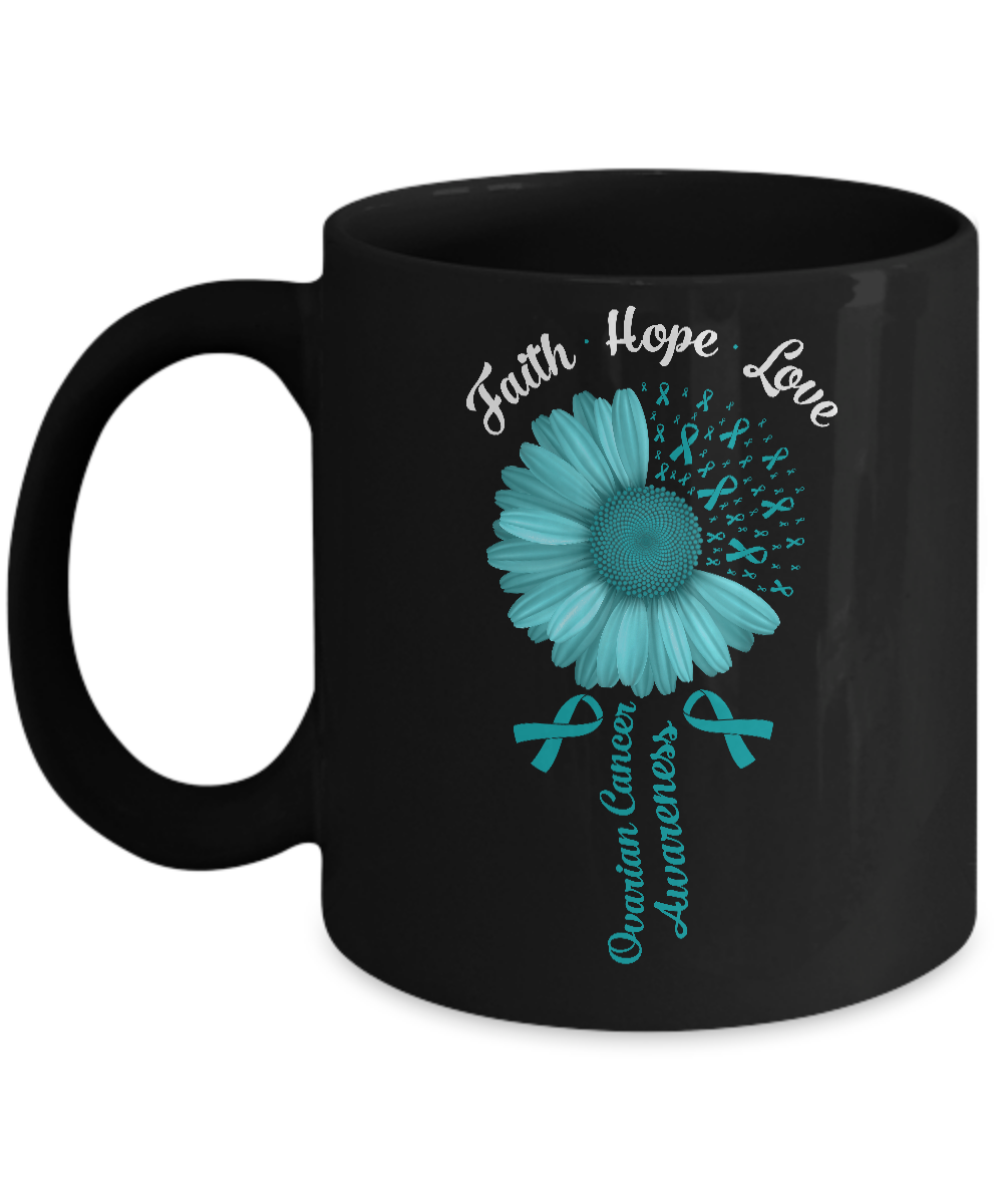 Faith Hope Love Teal Ribbon Ovarian Cancer Awareness Mug-Coffee Mug-11oz Mug-Black