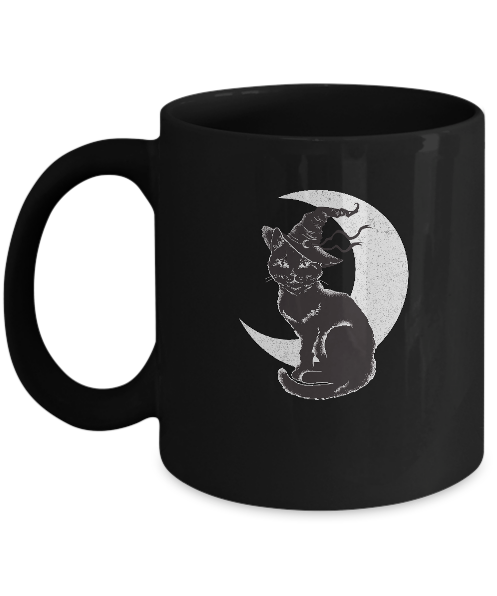Vintage Scary Halloween Black Cat Costume Witch Hat Moon Mug-Coffee Mug-11oz Mug-Black