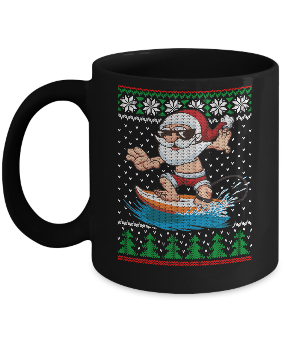 Santa Surfing Hawaiian Summer Christmas Ugly Sweater Mug-Coffee Mug-11oz Mug-Black