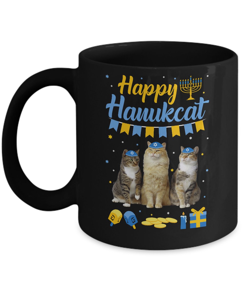 Jewish Hanukkah Cat Happy Hanukcat Christmas Gift Mug-Coffee Mug-11oz Mug-Black