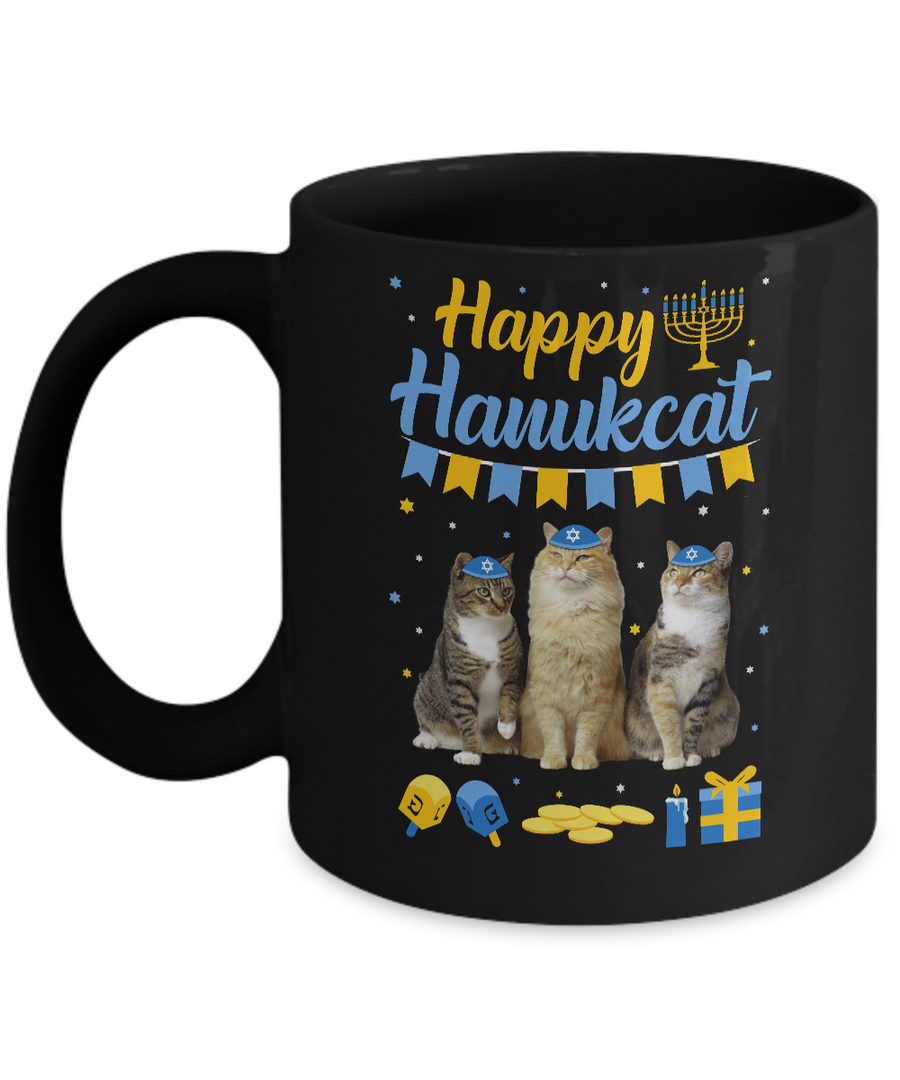Jewish Hanukkah Cat Happy Hanukcat Christmas Gift Mug-Coffee Mug-11oz Mug-Black