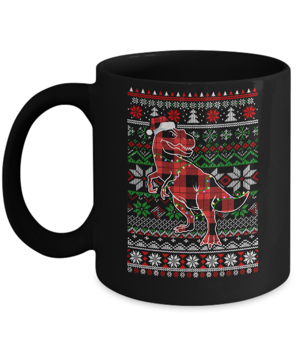 Red Plaid Buffalo T Rex Dinosaur Pajamas Christmas Sweater Mug