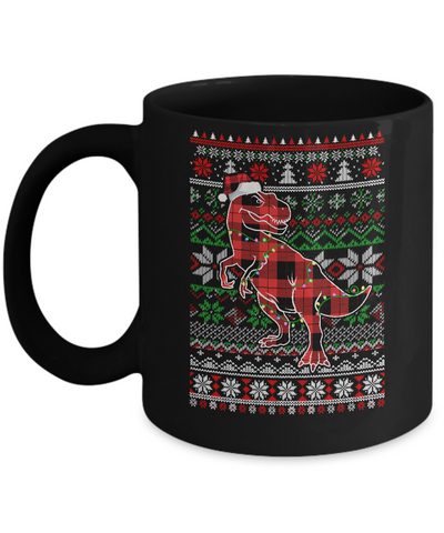 Red Plaid Buffalo T Rex Dinosaur Pajamas Christmas Sweater Mug-Coffee Mug-11oz Mug-Black