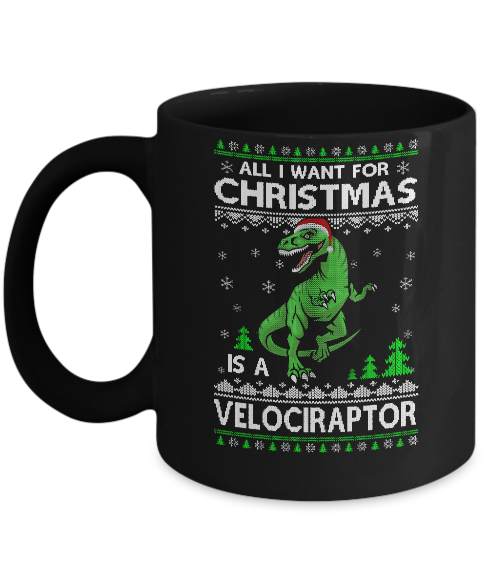 Funny Velociraptor Dinosaur Christmas Ugly Sweater Mug-Coffee Mug-11oz Mug-Black