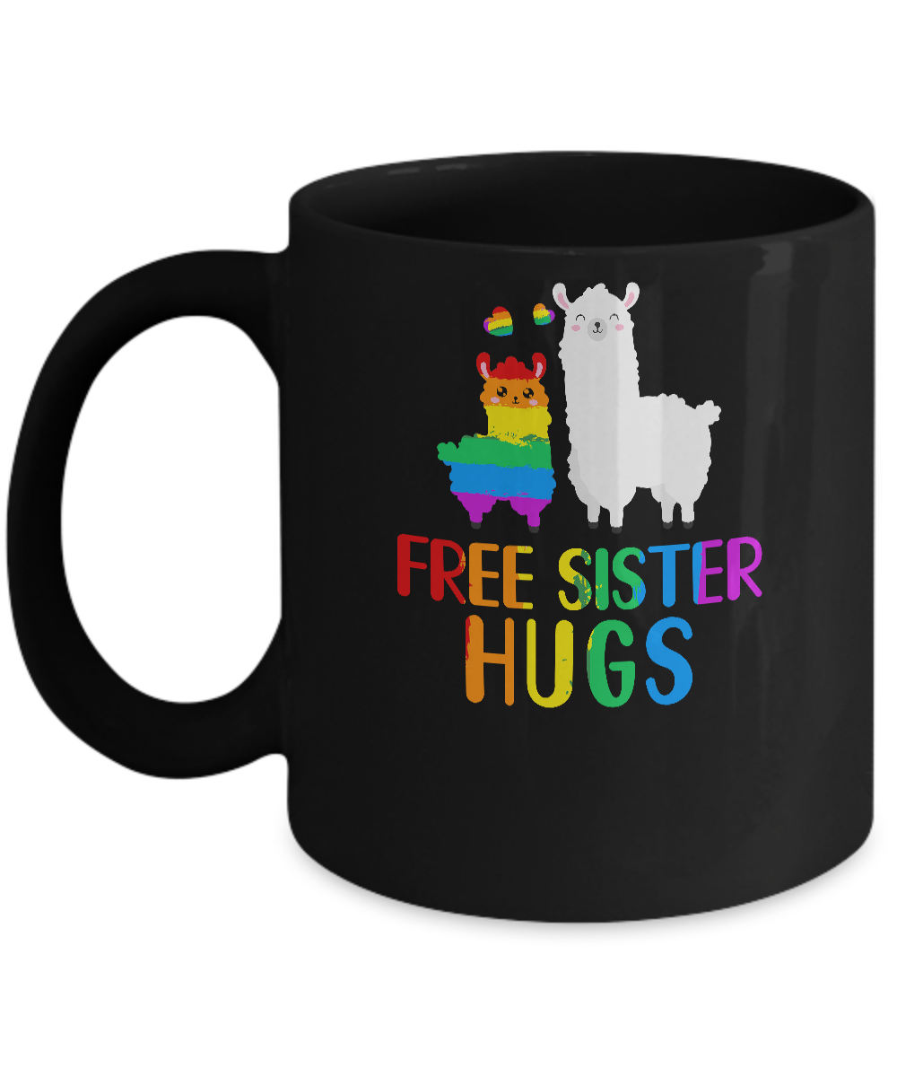 Free Sister Hugs Llama Rainbow Heart LGBT Pride Month Mug