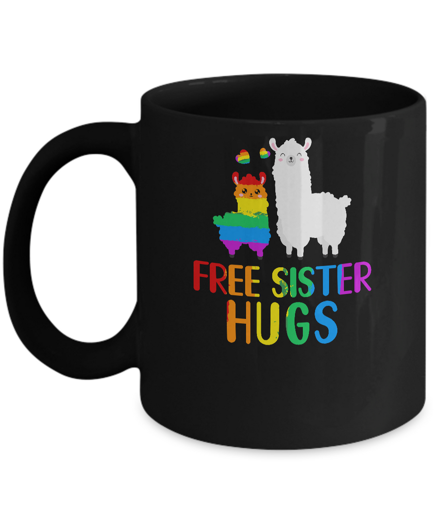 Free Sister Hugs Llama Rainbow Heart LGBT Pride Month Mug-Coffee Mug-11oz Mug-Black