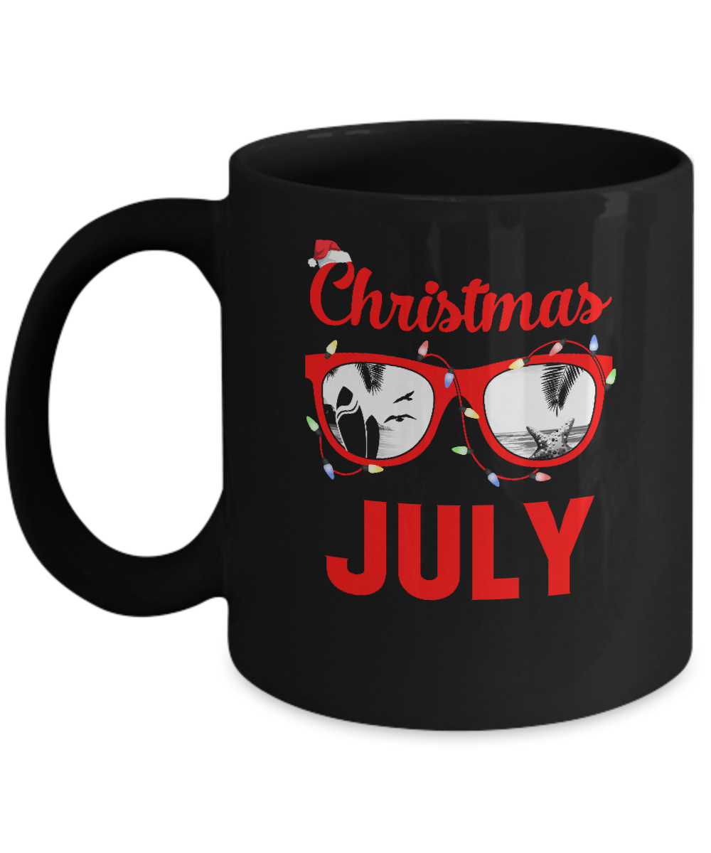 July In Christmas Santa Hat Sunglasses Summer Vacation Mug-Coffee Mug-11oz Mug-Black