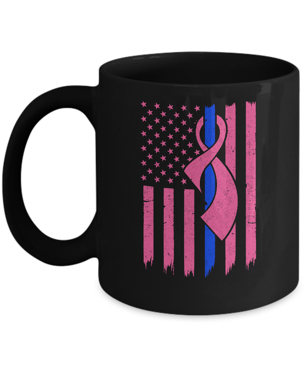 Blue Line Police US Flag Pink Ribbon Breast Cancer Awareness Mug-Coffee Mug-11oz Mug-Black