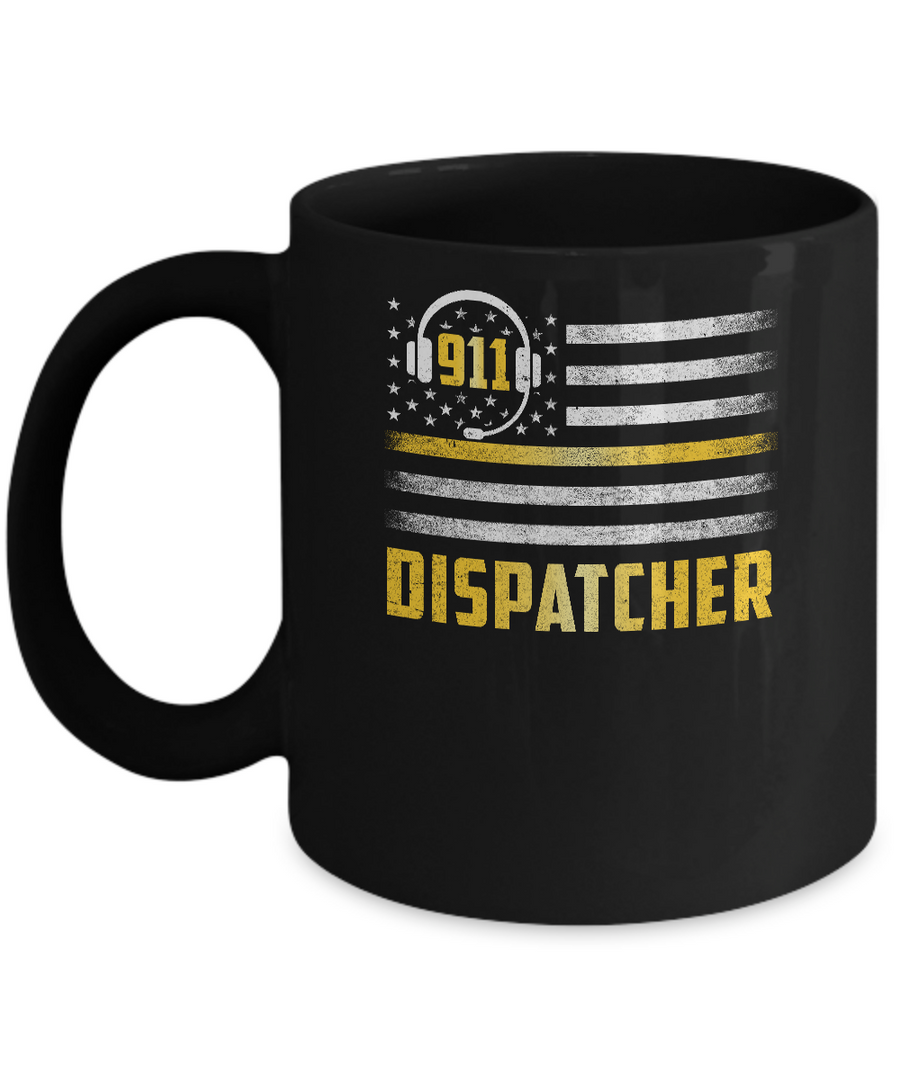 Vintage Thin Gold Line 911 Dispatcher USA Flag Mug-Coffee Mug-11oz Mug-Black
