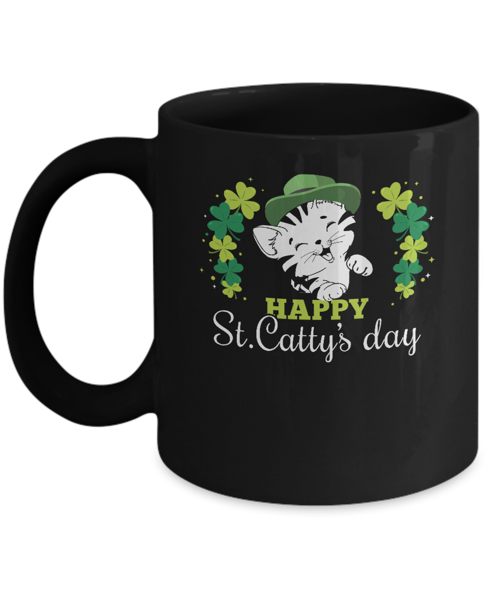 Happy St Catty's Day Saint Patrick's Day Cat Mug-Coffee Mug-11oz Mug-Black