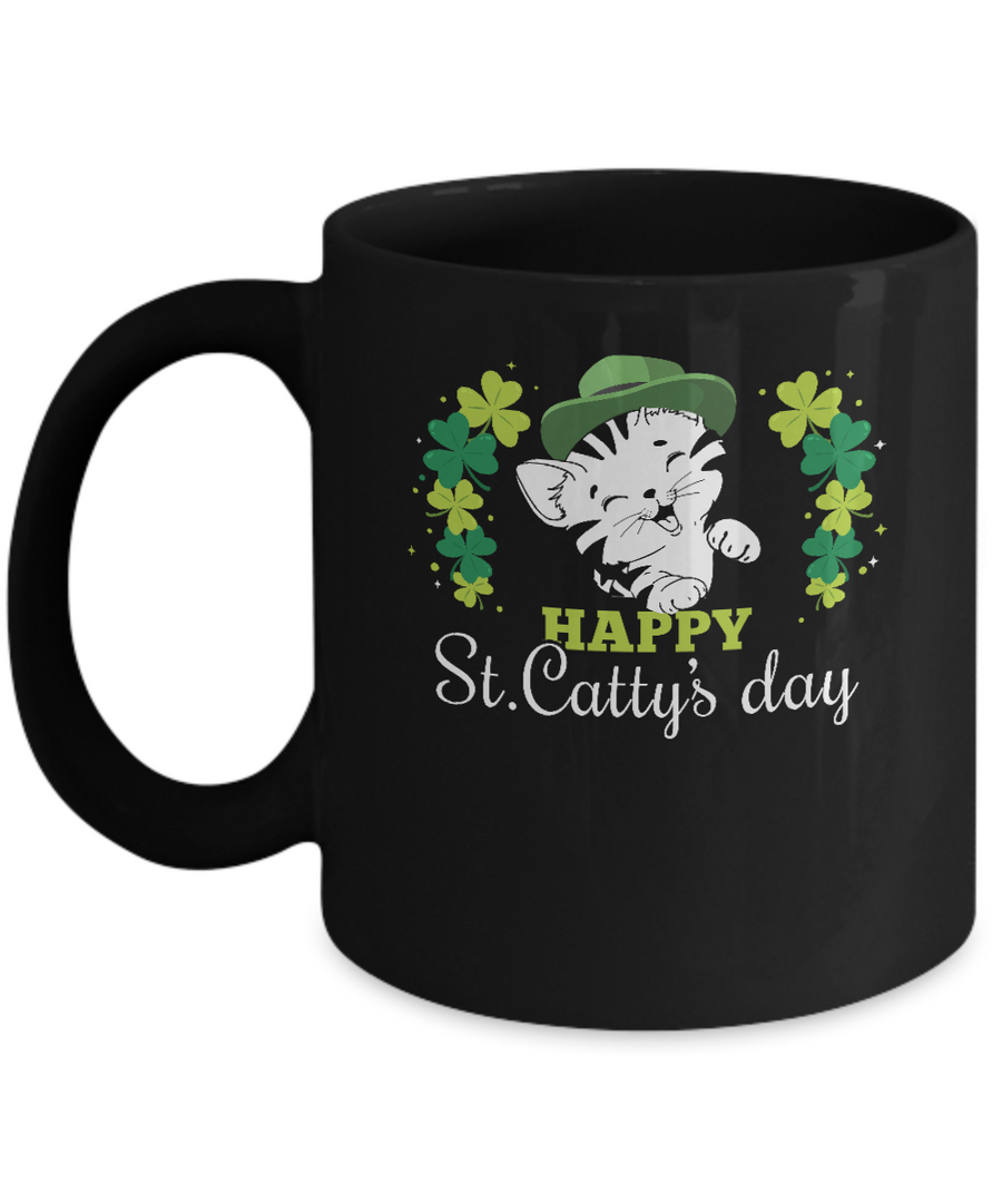 Happy St Catty's Day Saint Patrick's Day Cat Mug-Coffee Mug-11oz Mug-Black