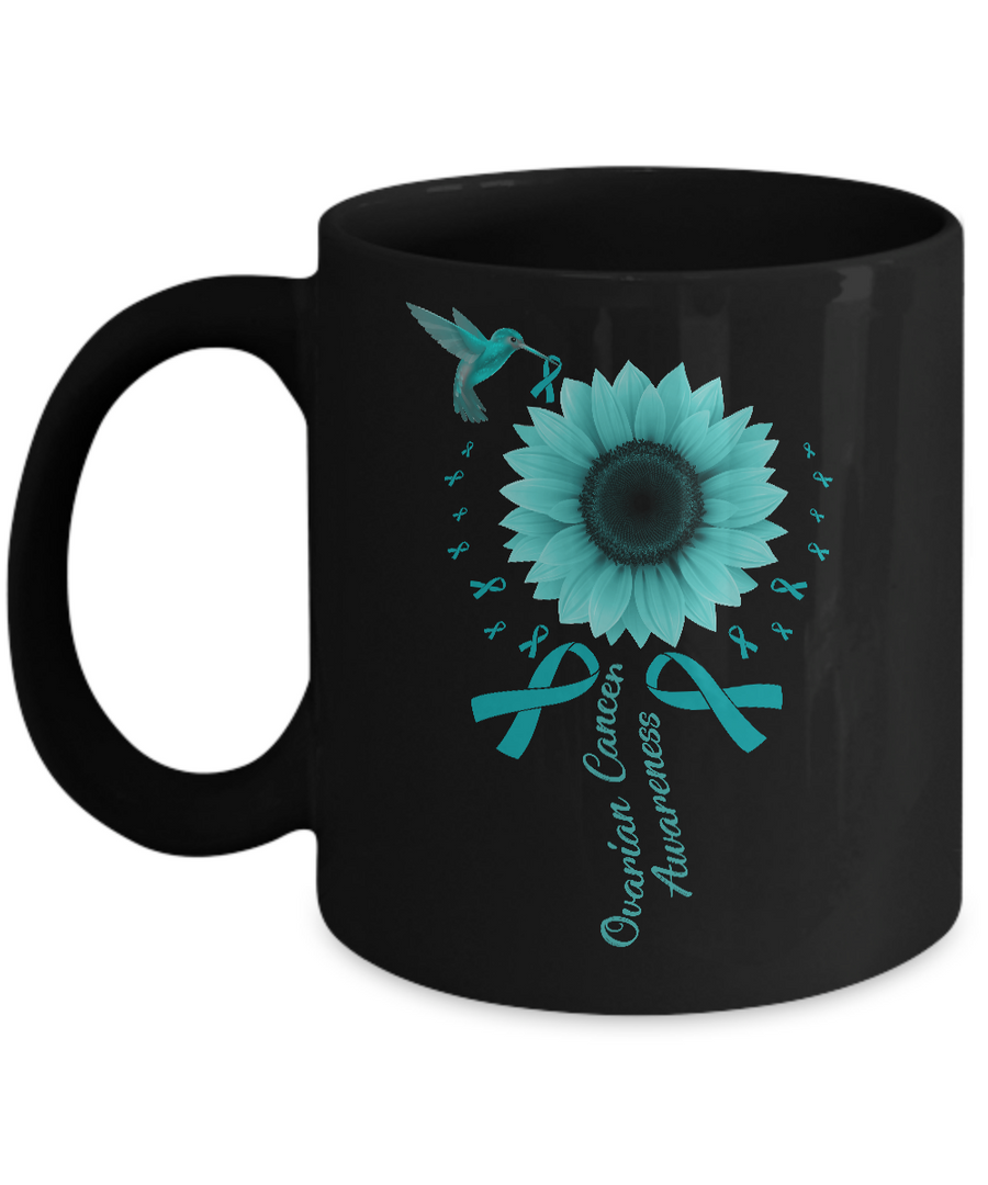 Hummingbird Sunflower Teal Ribbon Ovarian Cancer Awareness Mug-Coffee Mug-11oz Mug-Black