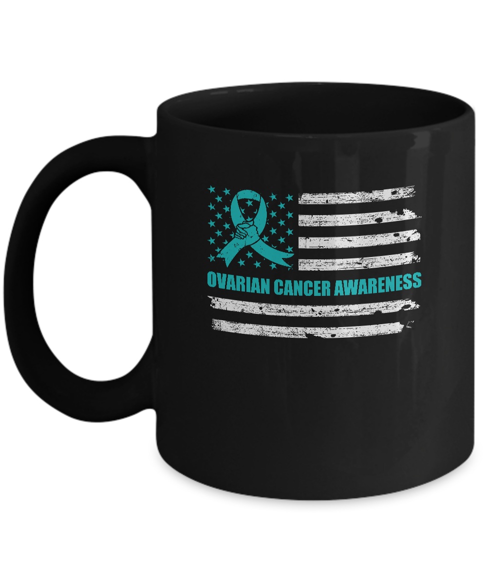 Teal Ribbon Ovarian Cancer Awareness US Flag Mug-Coffee Mug-11oz Mug-Black