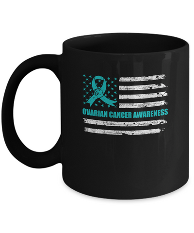 Teal Ribbon Ovarian Cancer Awareness US Flag Mug-Coffee Mug-11oz Mug-Black