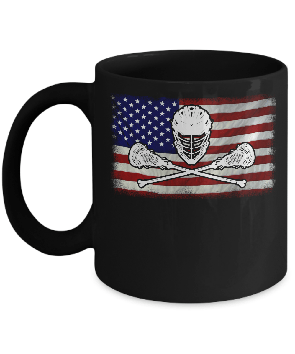 Lacrosse Helmet Crossed America Flag Mug