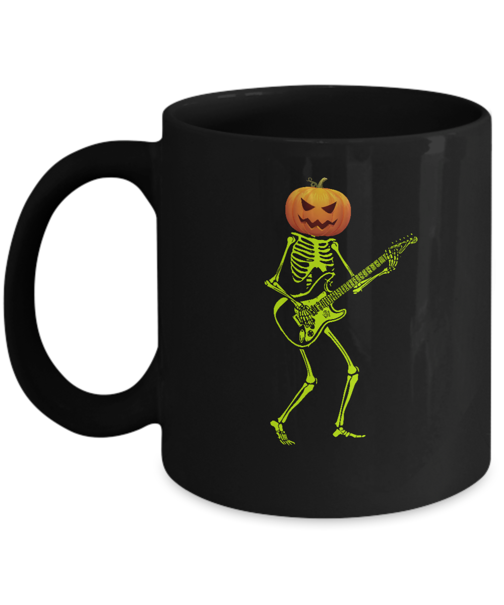Pumpkin Skeleton Play Guitar Luminous Costume Halloween Mug-Coffee Mug-11oz Mug-Black