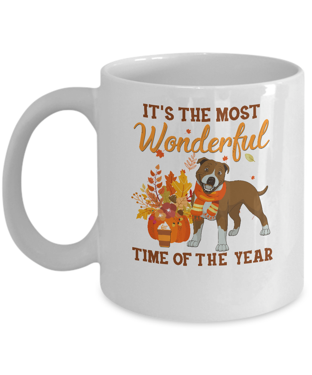 Pit Bull Autumn It's The Most Wonderful Time Of The Year Mug-Coffee Mug-11oz Mug-White
