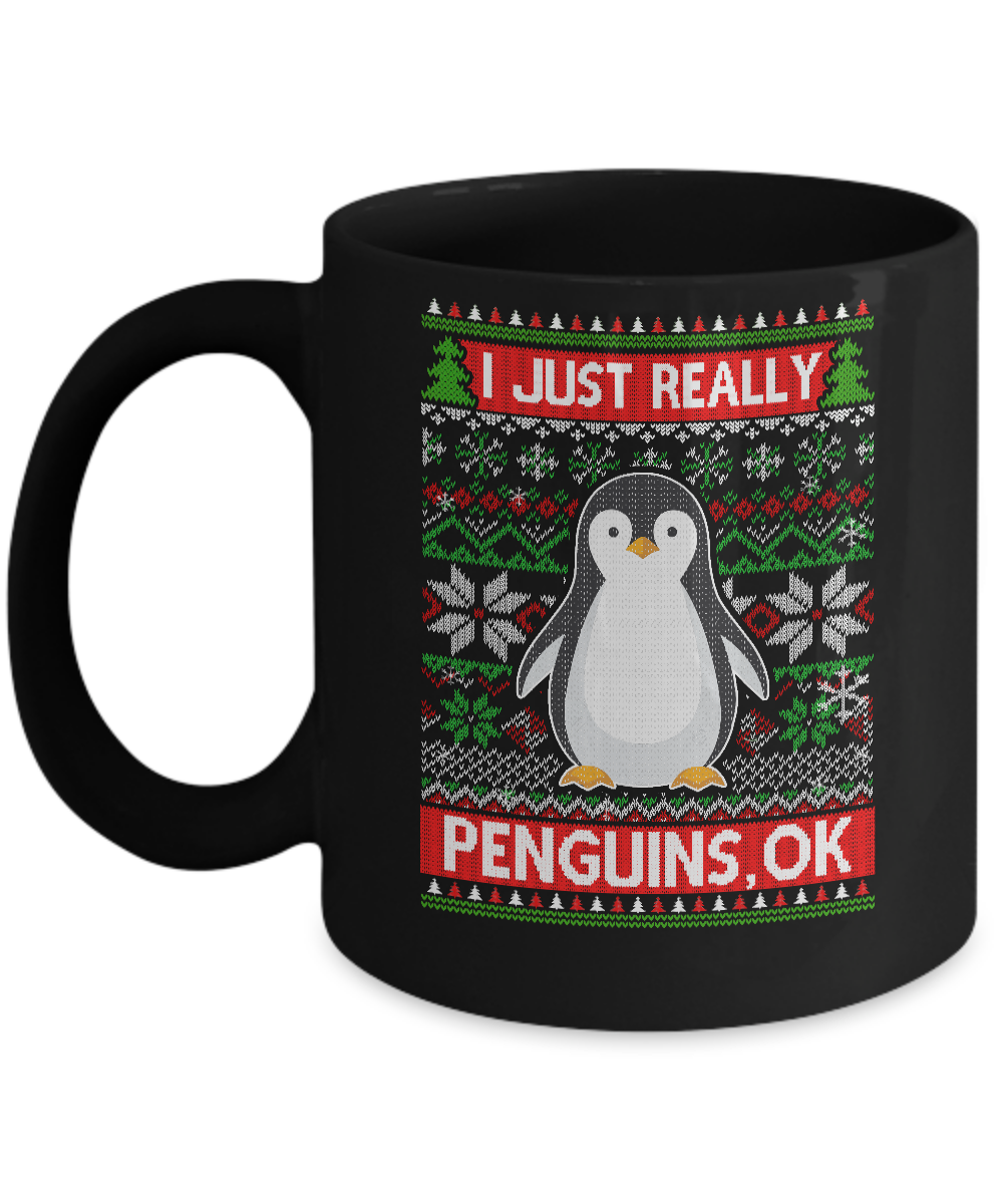 I Just Really Like Penguins Ok Ugly Christmas Sweater Mug-Coffee Mug-11oz Mug-Black