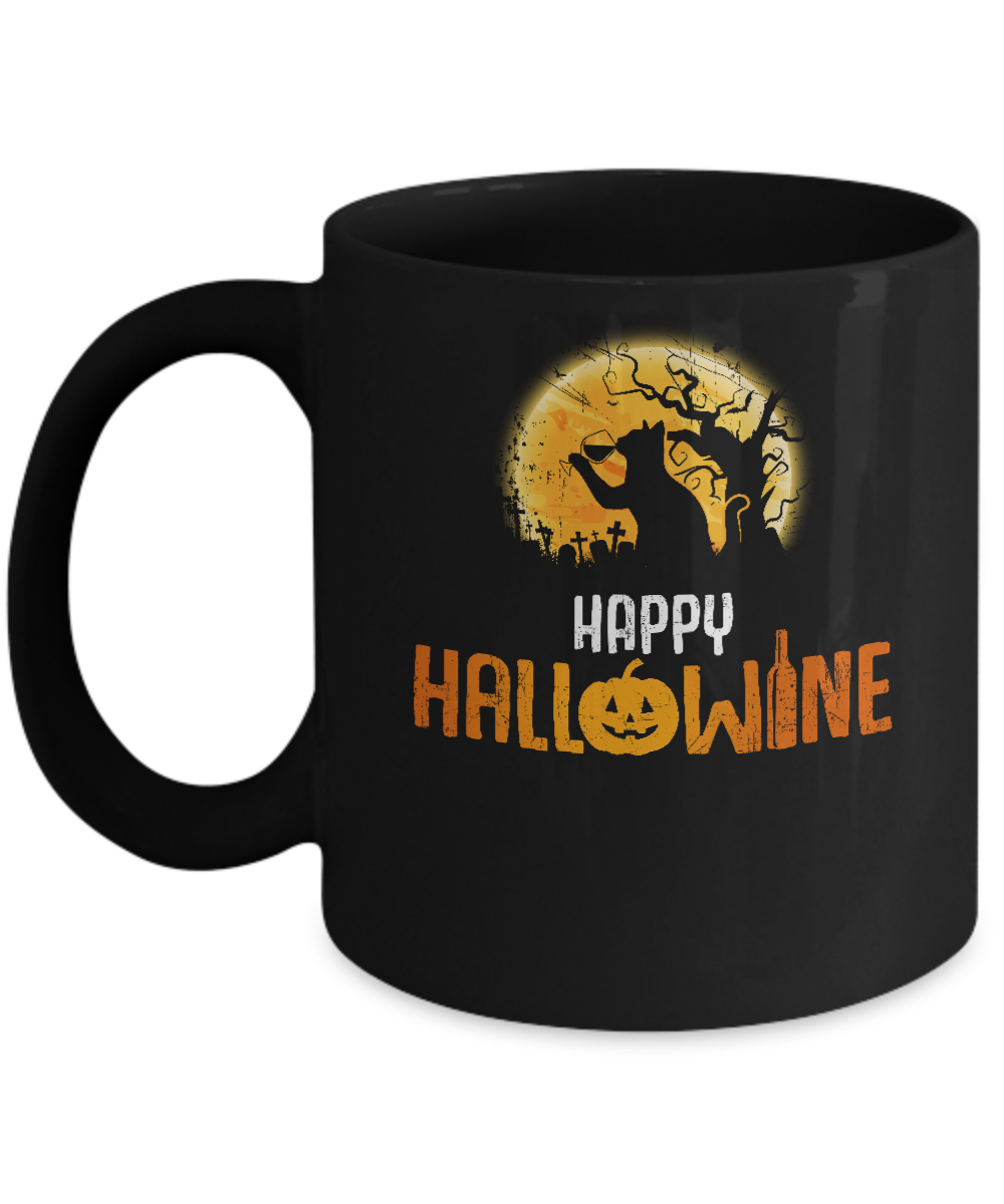 Happy Hallowine Drinking Wine Cat Lover 2017 Mug-Coffee Mug-11oz Mug-Black