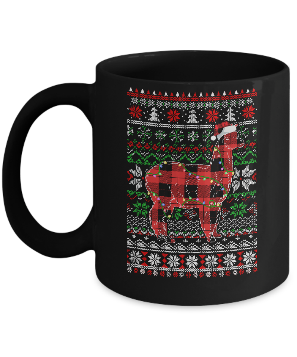 Red Plaid Buffalo Llama Pajamas Family Christmas Sweater Mug