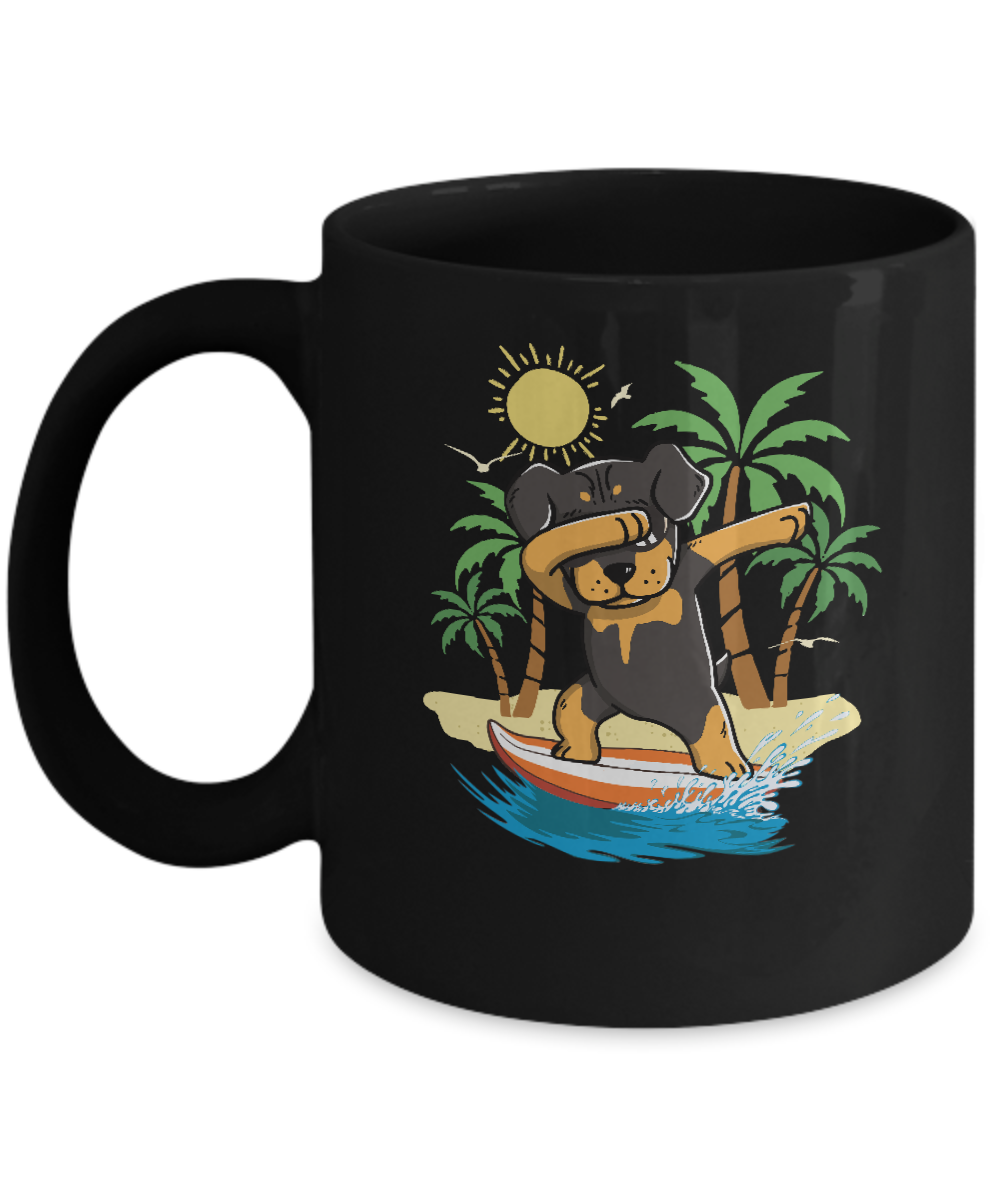 Summer Vacation Dabbing Rottweiler Surfing Surfboard Gift Mug-Coffee Mug-11oz Mug-Black