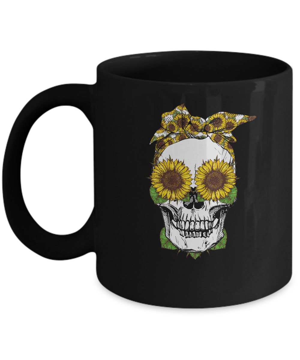 Skull Sunflower Floral Flowers Cute Gifts Mug-Coffee Mug-11oz Mug-Black
