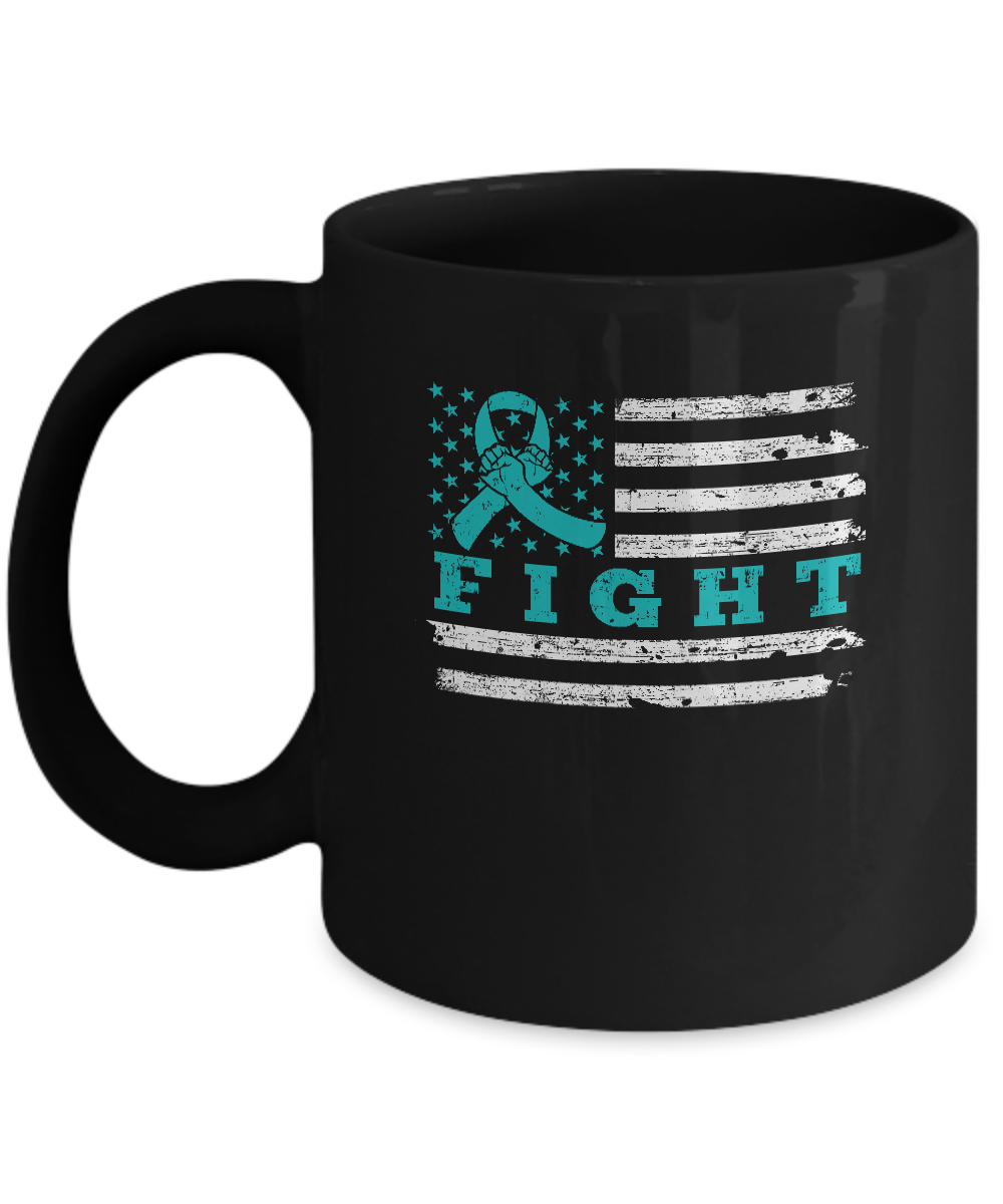 Fight Teal Ribbon US Flag Ovarian Cancer Awareness Mug-Coffee Mug-11oz Mug-Black