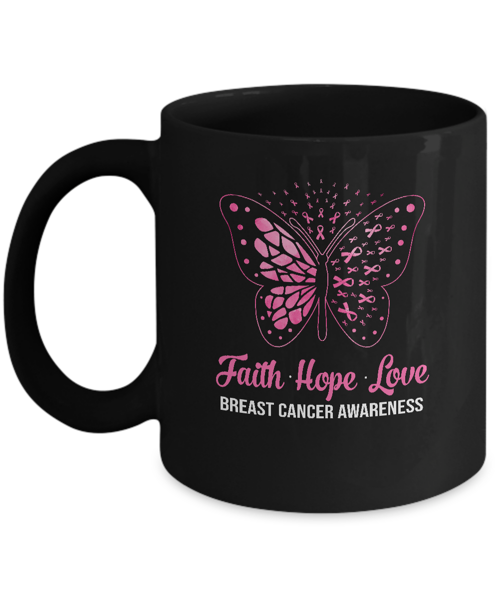 Faith Hope Love Pink Butterfly Breast Cancer Awareness Mug
