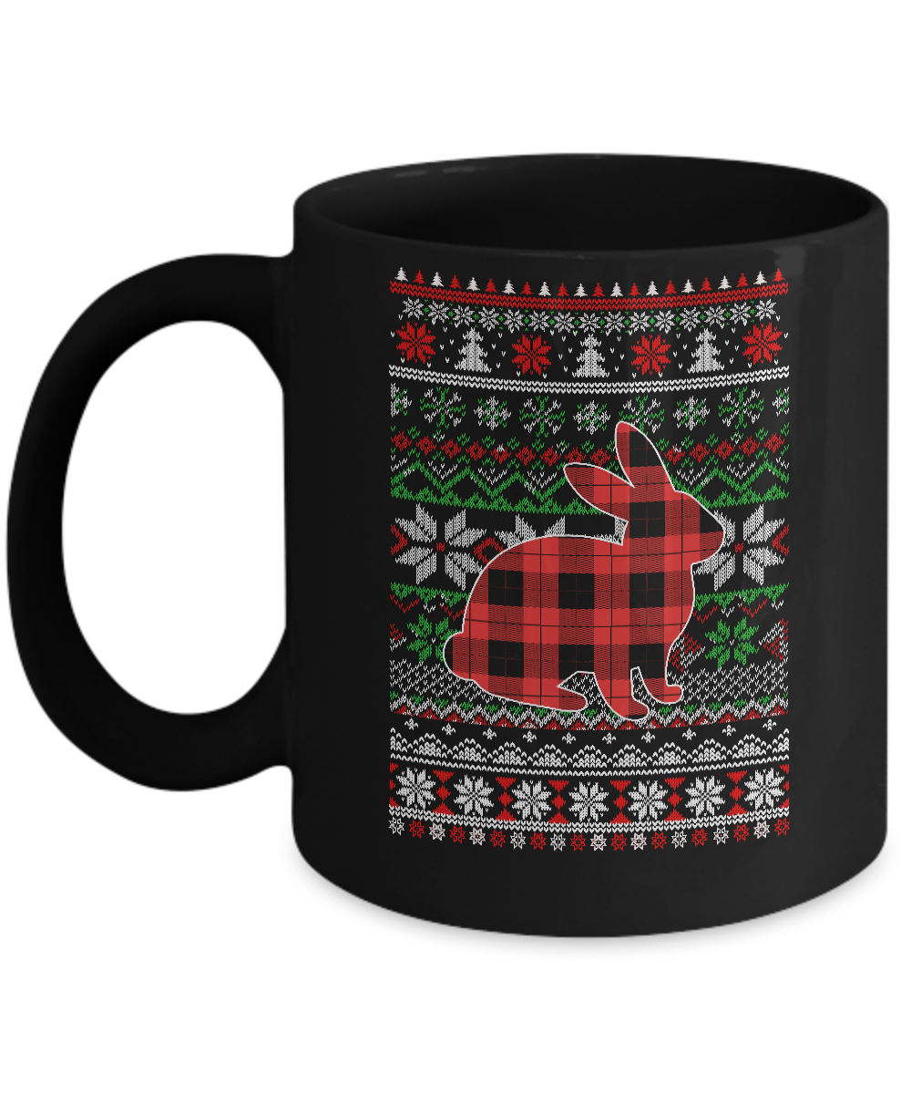 Rabbit Red Plaid Ugly Christmas Sweater Funny Gifts Mug-Coffee Mug-11oz Mug-Black