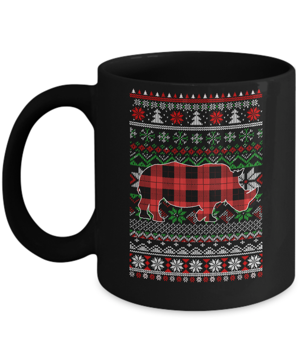 Rhino Red Plaid Ugly Christmas Sweater Funny Gifts Mug-Coffee Mug-11oz Mug-Black