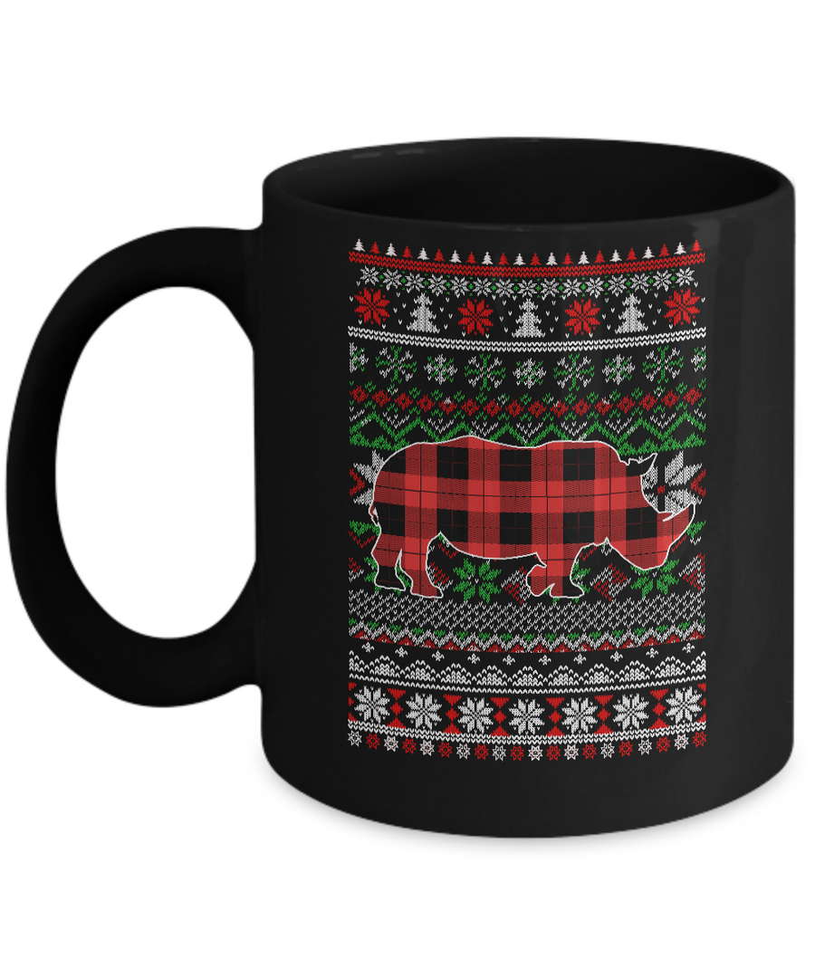 Rhino Red Plaid Ugly Christmas Sweater Funny Gifts Mug-Coffee Mug-11oz Mug-Black
