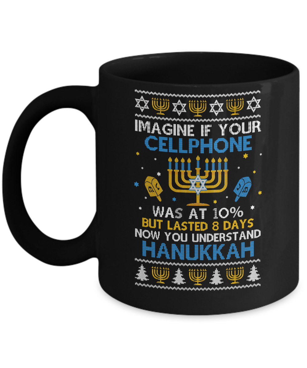 Funny Hanukkah Chanukah Cellphone Menorah Ugly Sweater Mug-Coffee Mug-11oz Mug-Black
