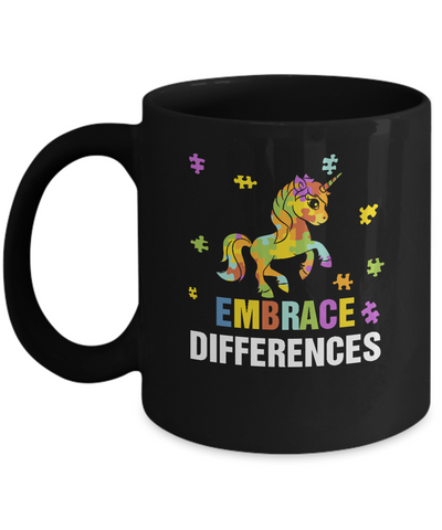 Autism Awareness Puzzle Piece Unicorn Embrace Differences Mug-Coffee Mug-11oz Mug-Black