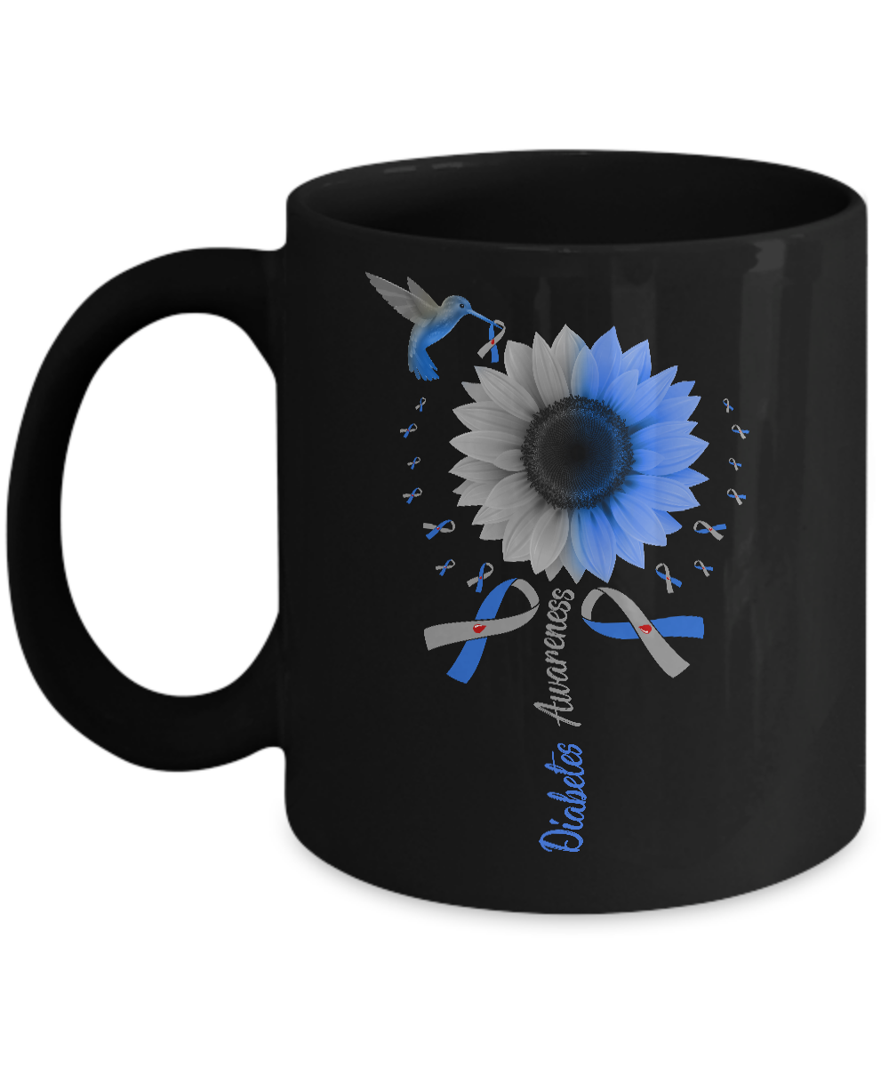 Hummingbird Sunflower Blue Gray Ribbon Diabetes Awareness Mug-Coffee Mug-11oz Mug-Black