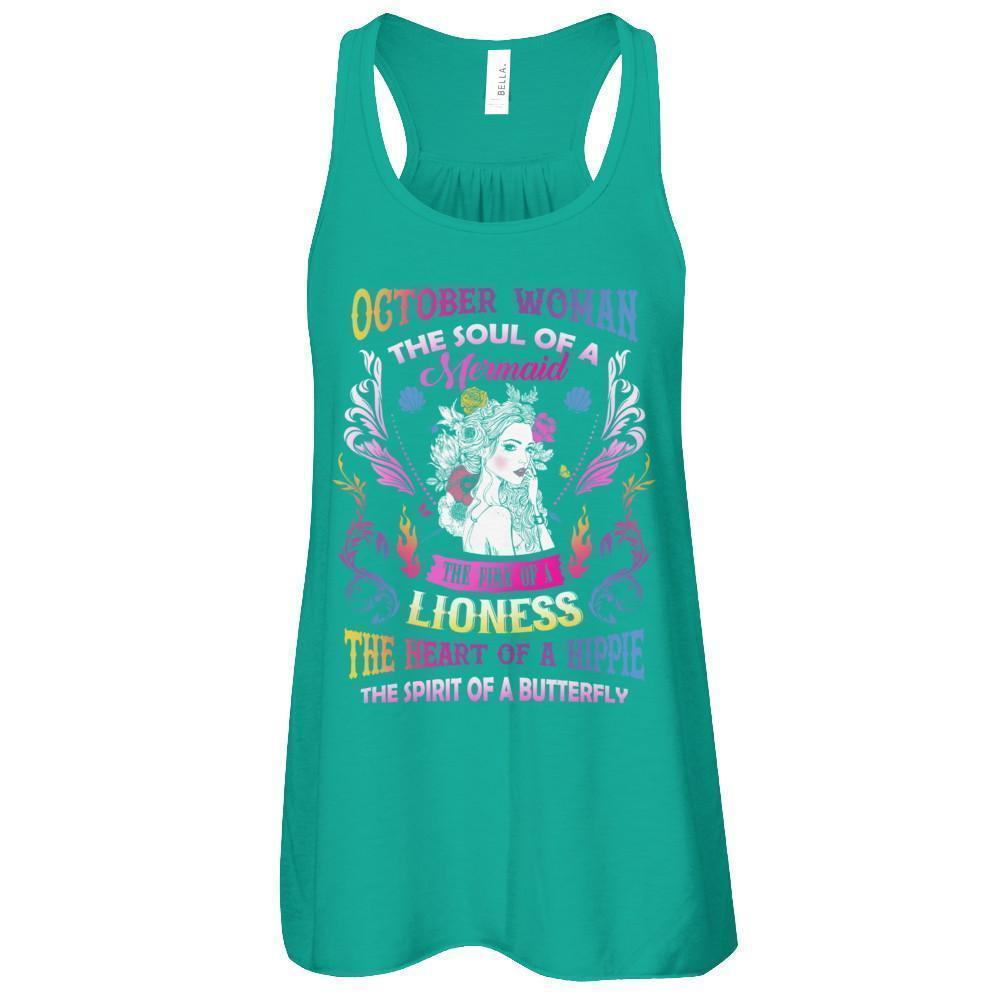 October Woman The Soul Of A Mermaid Birthday-T-Shirt & Tank Top-Women's Flowy Racerback Tank-Kelly