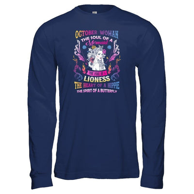 October Woman The Soul Of A Mermaid Birthday-T-Shirt & Tank Top-Long Sleeve T-Shirt-Navy